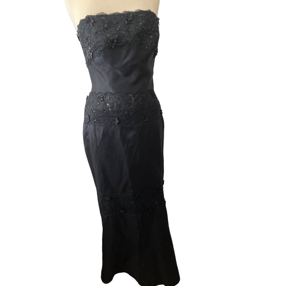 Strapless Black Beaded Lace Evening Gown